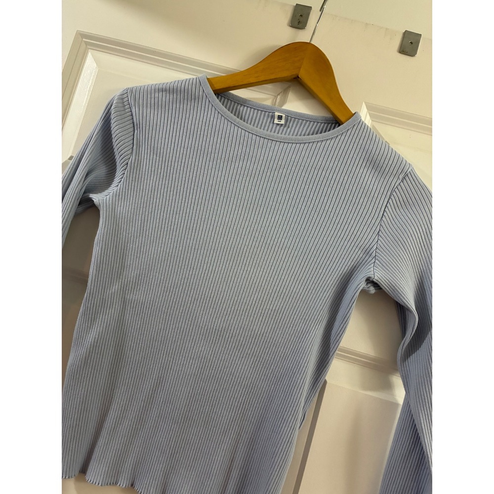 Uniqlo Kids Ribbed Long Sleeve Crew Neck Top Light Blue Lettuce Hem 160 470709